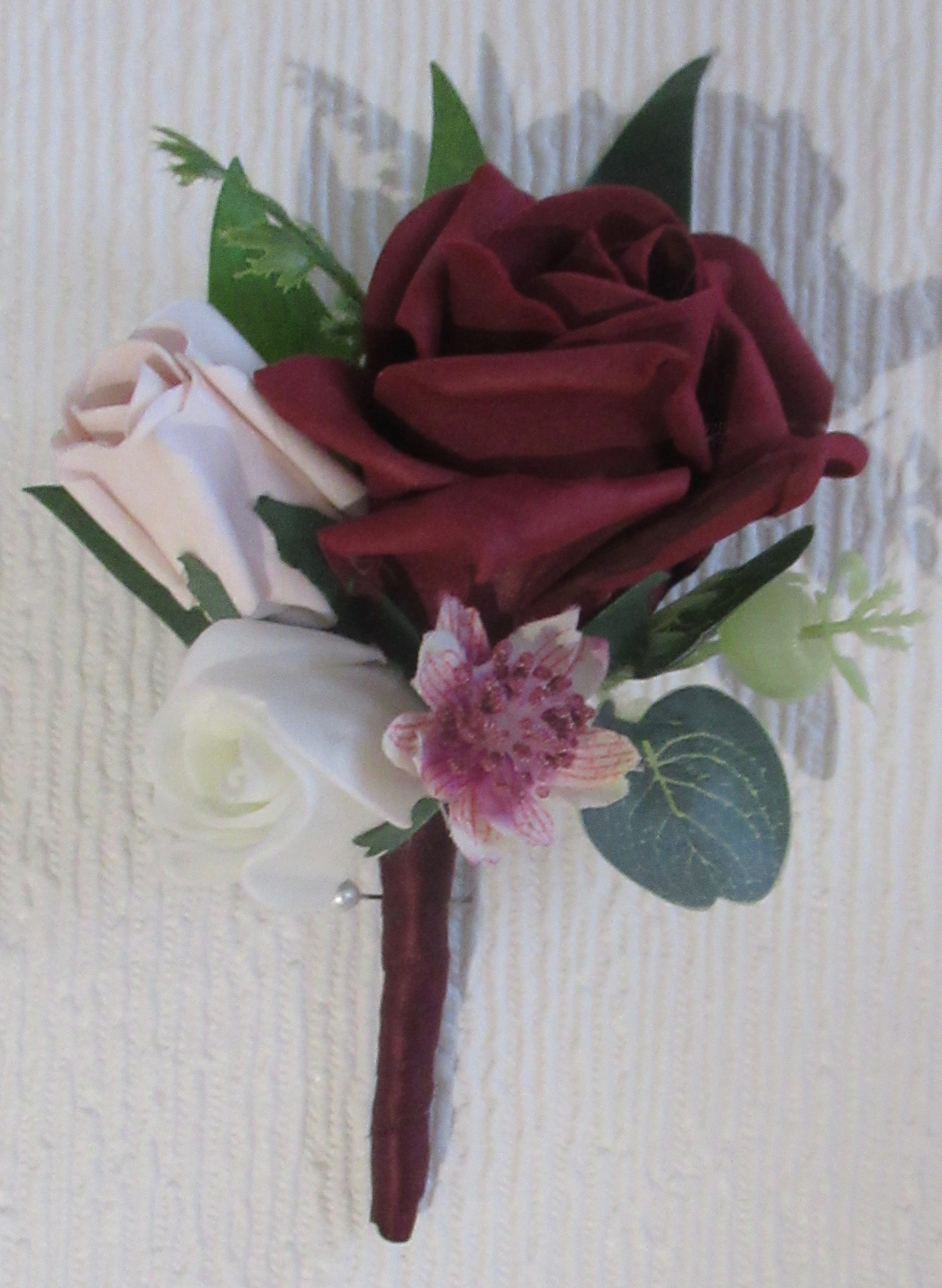 artiificial burgundy and blush pink buttonhole
